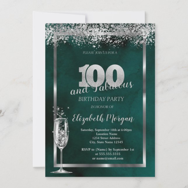 Champagneglas Silverkonfetti Grön 100:e  Inbjudningar (Framsida)