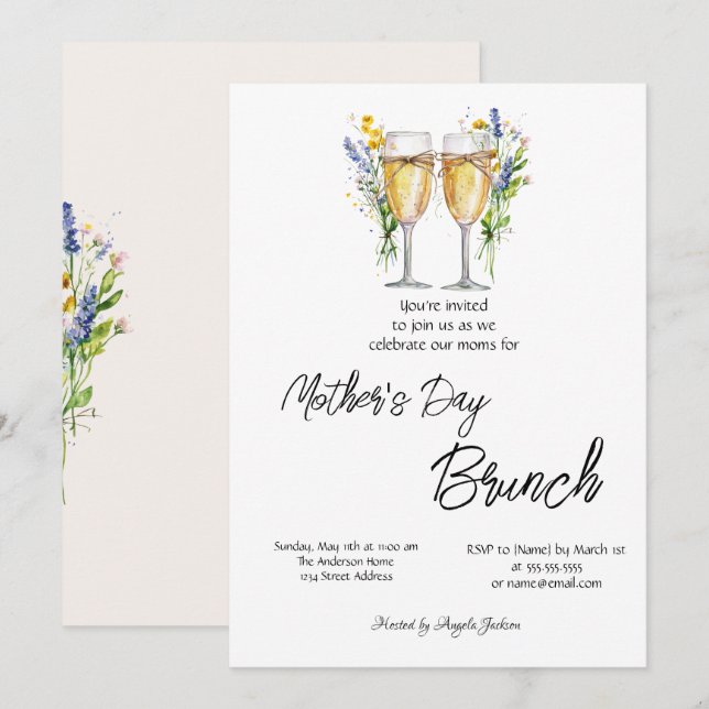 Champagneglas Vild blomster Morsdagsbrunch Inbjudningar (Fram/baksida)