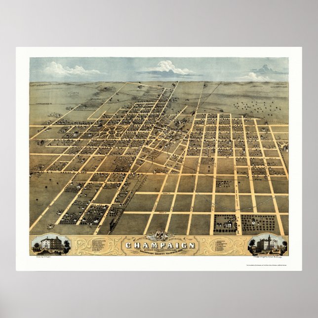 Champaign, IL Panoramic Karta - 1869 Poster (Framsidan)