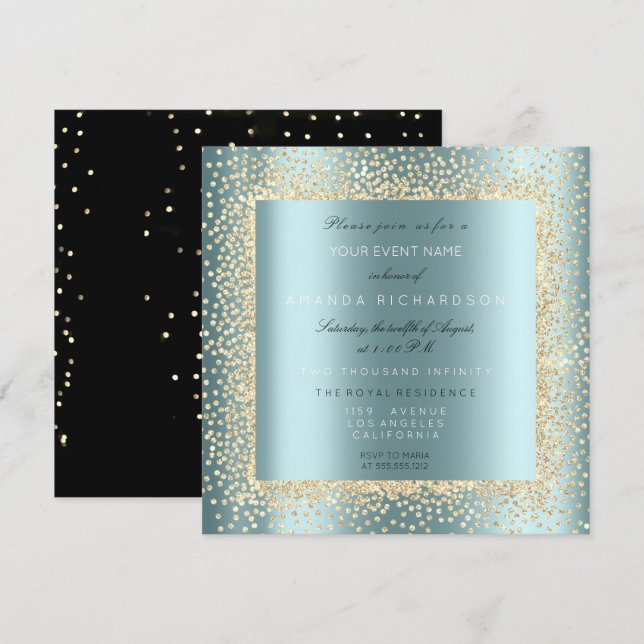 Champaigne Guld Glitter Black Aqua Blue Confett Inbjudningar (Fram/baksida)