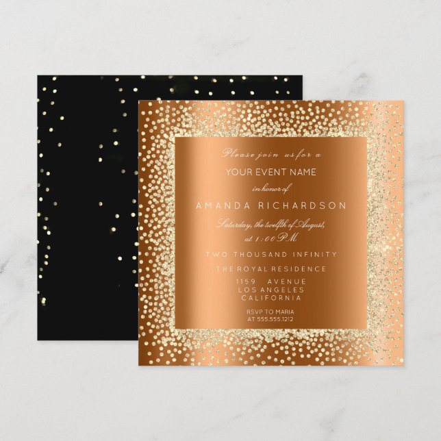 Champaigne Guld Glitter Black Confetti Honung VIP Inbjudningar (Fram/baksida)