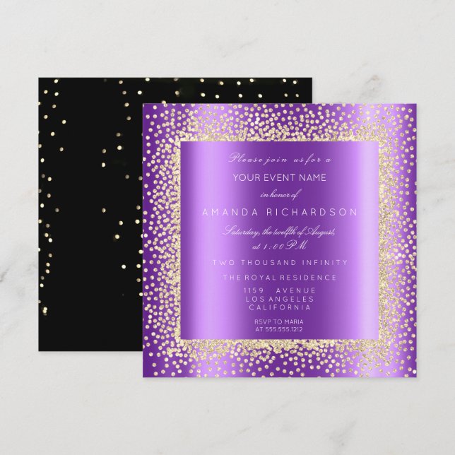 Champaigne Guld Glitter Svart Konfetti Purple Plum Inbjudningar (Fram/baksida)