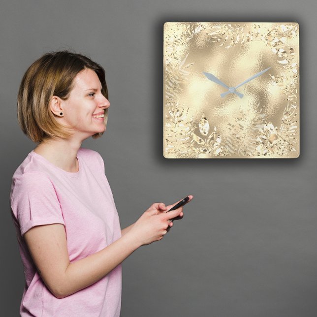 Champaigne Guld Tropical Blad Botanical Metallic Fyrkantig Klocka (Champaigne Gold Tropical Leafs Botanical Metallic Square Wall Clock)