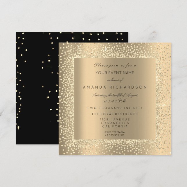 Champaigne Sepia Guld Glitter Black Confetti VIP Inbjudningar (Fram/baksida)