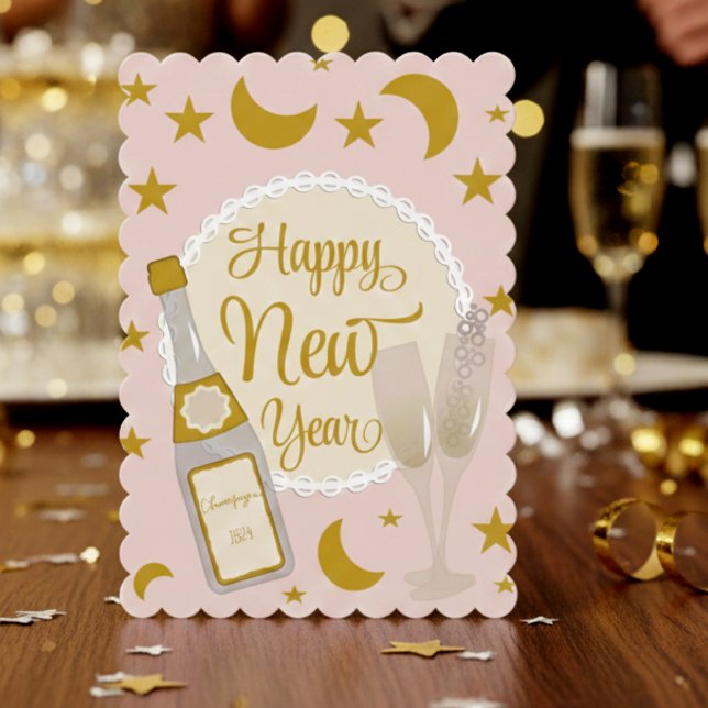 Champange Pink And Gold New Years Card Julkort (Cute customizable in shades of pink, gold and silver that is just perfect for that special someone)