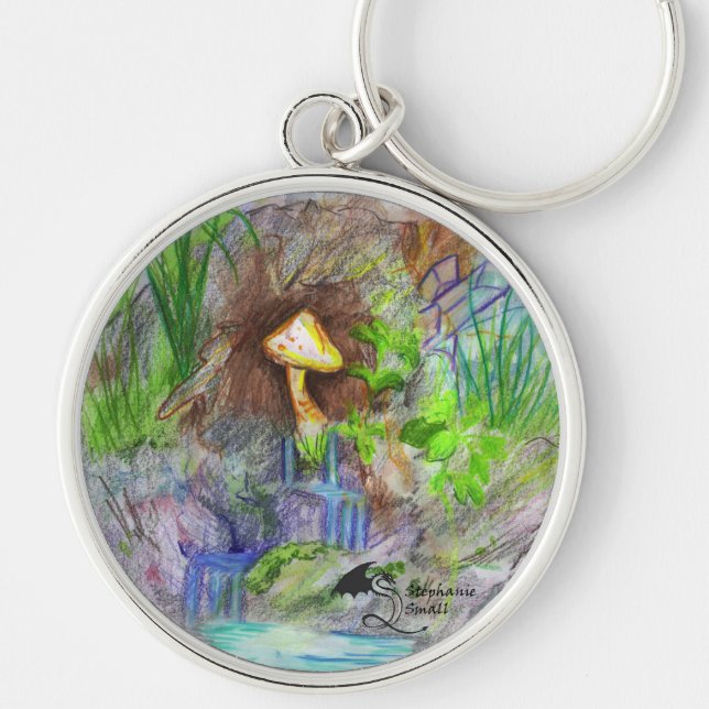 Champinjonvattenfall Keychain Rund Silverfärgad Nyckelring (Framsidan)