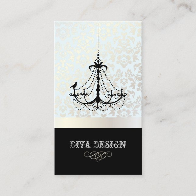 Chandelier + Baroque Damask /pearl + blue Visitkort (Framsida)