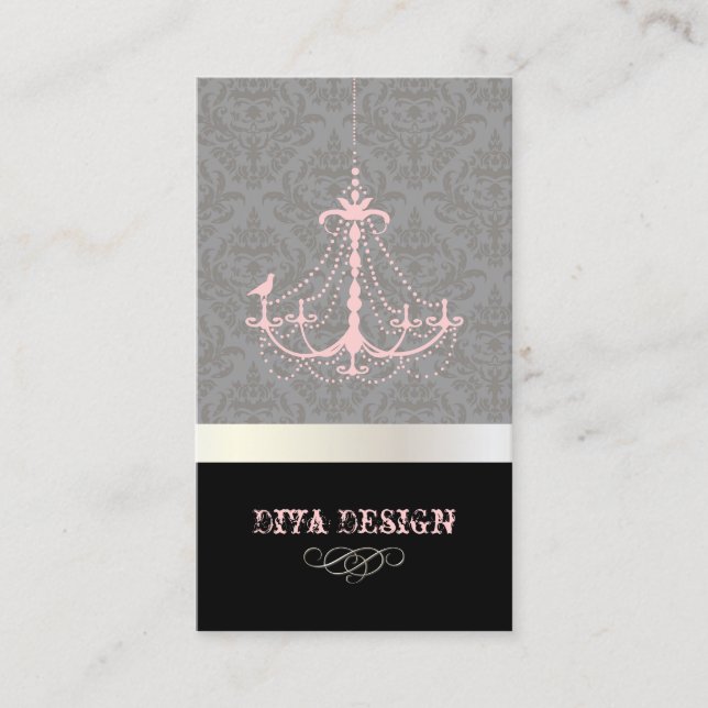 Chandelier + Baroque Damask /pearl + rosa Visitkort (Framsida)