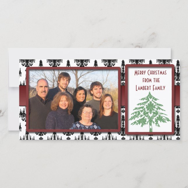 Chandelier Damask Grönt Damask Träd fotokort Julkort (Framsida)