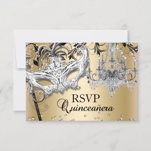 Chandelier Masquerade Guld Quinceanera RSVP OSA Kort (Framsida)