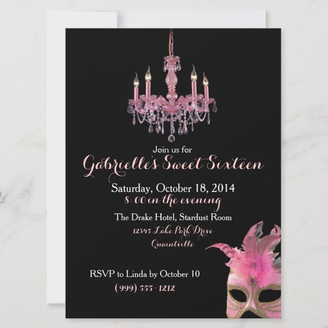 Chandelier och maskerad Sweet 16 inbjudningar (Framsida)