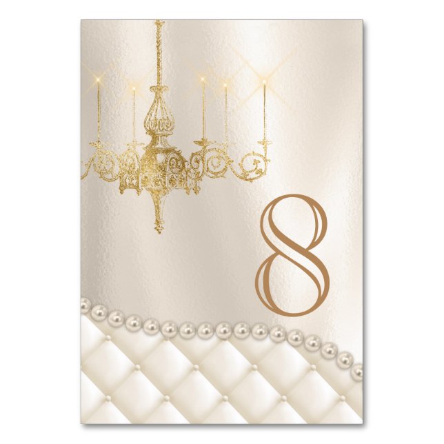 Chandelier Pearls Satin Bröllop Bordsnummer Card (Framsidan)