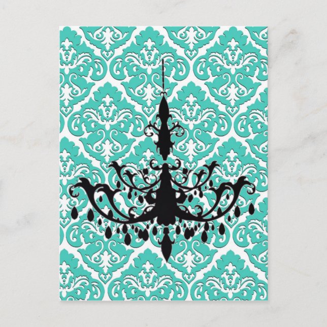 Chandelier Silhouette Teal Damask Vykort (Framsida)