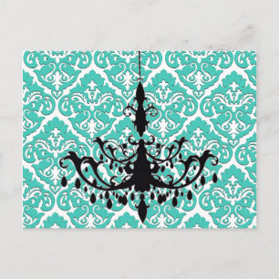 Chandelier Silhouette Teal Damask Vykort