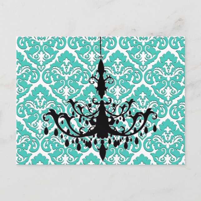 Chandelier Silhouette Teal Damask Vykort (Framsida)
