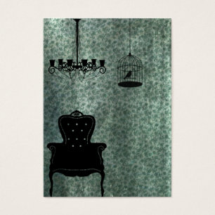 Chandelier, stol och fågelskåp visitkort