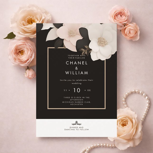 Chanel-inspirerad svart blomsterbröllop inbjudningar (Elegant chanel-inspired wedding invitation with jewel decoratet floral, pink and black.)