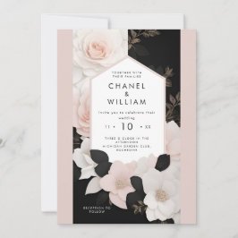 Chanelinspirerad rosa blommigt bröllop inbjudningar