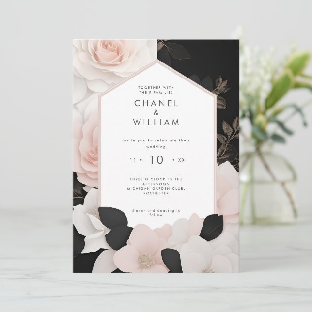 Chanelinspirerad  rosa blommigt bröllop inbjudningar (Stående Fram)