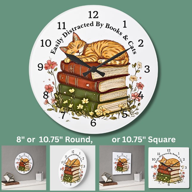 Change Text -Easily Distracted Books & Cats  Stor Klocka (Skapare uppladdad)