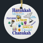 Chanukah Collage/Light Ljus Julgransprydnad Keramik<br><div class="desc">Chanukah har prydnadssymboler och ord för helgdag. Bakåtläsning: Ljus Ljus.</div>