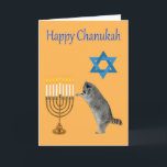 Chanukah hälsningkort helgkort<br><div class="desc">Raccoon som ber vid en menora med en davidsstjärna</div>