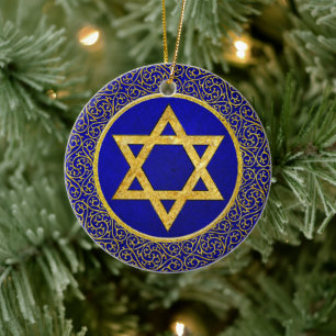 Chanukah Hanukkah חֲנֻכָּה Blå och Guld Julgransprydnad Keramik