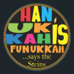 Chanukah/Hanukkah "HanukkahFunukka" Stickers Round Runt Klistermärke<br><div class="desc">Chanukah/Hanukkah "Hanukkah is Funukkah" Stickers Round. Ha roligt att använda de här klisterlapparna som tårtspatchar, presenter, märkre för att stänga påsar eller spelar ingen roll sten, dina festligheter! Anpassa genom att ta bort..säger Steins" och lägger till din egen ord, med ditt favoritteckensnitt stil, storlek och färg. Du kan ändra bakgrunden...</div>