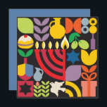 Chanukah Hanukkah Menorah Donut Jewish Stars Kort<br><div class="desc">Hanukkah/Chanukah Colorful Modern Geometric Mönster Greeting Card. Menorah, Dreidel, judiska stjärnor, Donut och olivolja... De är alla här. Judiska Hanukkah-symboler blanksteg för att lägga till personligen på motsatt sida. Lycklig Hanukkah önskemål. Hebreiska på insidan säger "Chanukah Sameach". (Lycklig Chanukah) . Detta storskaliga exempel är ett underbart sätt att önska vänner,...</div>