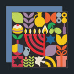 Chanukah Hanukkah Menorah Donut Jewish Stars Kort<br><div class="desc">Hanukkah/Chanukah Colorful Modern Geometric Mönster Greeting Card. Menorah, Dreidel, judiska stjärnor, Donut och olivolja... De är alla här. Judiska Hanukkah-symboler blanksteg för att lägga till personligen på motsatt sida. Lycklig Hanukkah önskemål. Hebreiska på insidan säger "Chanukah Sameach". (Lycklig Chanukah) . Detta storskaliga exempel är ett underbart sätt att önska vänner,...</div>