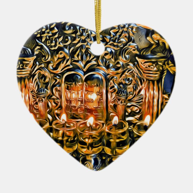 Chanukah menora med olje- ljus julgransprydnad keramik (Framsidan)