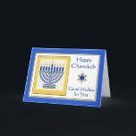 Chanukah Önskemål med Contemporary Menorah Kort<br><div class="desc">Lycklig Chanukah Bra Önskemål for You,  contemporary menorah med blåljus,  pappert hälsningskort. Digital illustration med en upplyst menorah och en David-stjärna. Art,  bild och versell copyright © Shoaff Ballanger Studios,  2024.</div>
