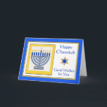 Chanukah Önskemål med Contemporary Menorah Kort<br><div class="desc">Lycklig Chanukah Bra Önskemål for You,  contemporary menorah med blåljus,  pappert hälsningskort. Digital illustration med en upplyst menorah och en David-stjärna. Art,  bild och versell copyright © Shoaff Ballanger Studios,  2024.</div>