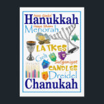 Chanukah Ord Collage Inbjudningar<br><div class="desc">Hanukah-kortet (Hanukkah,  Chanukah) innehåller ord och symboler för helgdag Dreidel,  menorah,  gelt osv.</div>