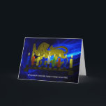 Chanukkah Brass Lejon Menorah Helgkort<br><div class="desc">Detta är en digital 3D-återgivning av en brass Chanukah-menorah,  med en lejon,  gjord i Israel runt 1950 och belyst med ljus på en grå bakgrund. Originalmenyn är från artistens samling.</div>