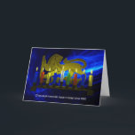 Chanukkah Brass Lejon Menorah Helgkort<br><div class="desc">Detta är en digital 3D-återgivning av en brass Chanukah-menorah,  med en lejon,  gjord i Israel runt 1950 och belyst med ljus på en grå bakgrund. Originalmenyn är från artistens samling.</div>