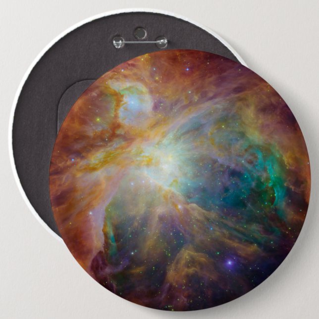 Chaos i hjärtat av Orion Spitzer Hubble Composite Knapp (Framsida & baksida)