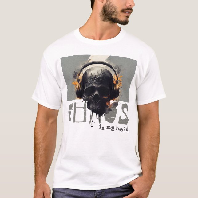 Chaos im Kopf Totenkopf mit Kopfhörer Design T Shirt (Framsida)