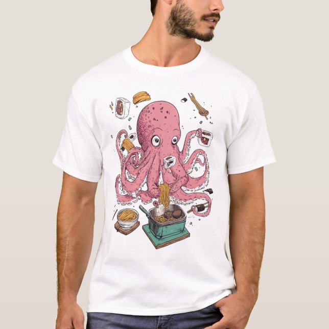 Chaos Kitchen Disaster Chef Funny Octopus Sushi T Shirt (Framsida)
