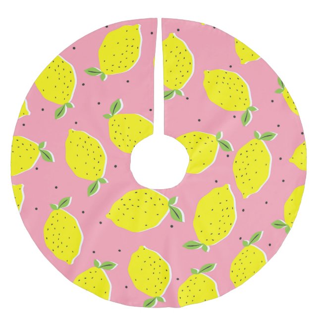 Chaotic Lemons Rosa Polka: Citrus Mönster Julgransmatta Borstad Polyester (Framsidan)