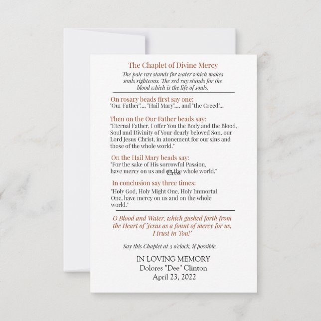 Chaplet Divine Mercy Prayer Card Anteckningskort (Baksida)