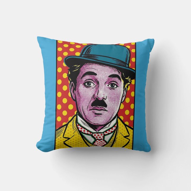 Chaplin Pop Art Retro Cinematic Portrait Bowler Kudde (Framsida)