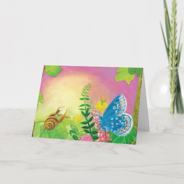 Chapmans blåa fjäril & myra & snigel illustration kort (Framsida)
