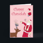 Chappy Chanukah Helgkort<br><div class="desc">Kortet har en kaninlik Santa,  en elf som leker dreidel och Rednos Reindeer med en menorah i stället för antlers.  Söt är den typiska familjen mellan trosinriktningar.</div>