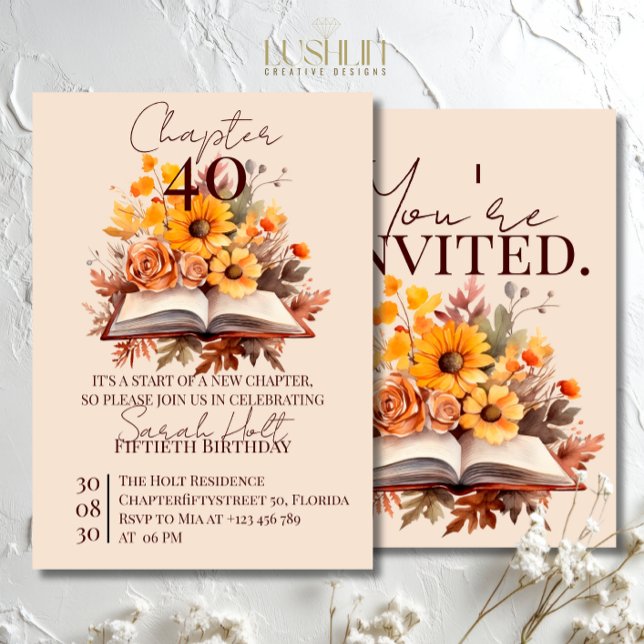Chapter 40 Birthday – Open Book with Fall Flowers Inbjudningar (Skapare uppladdad)