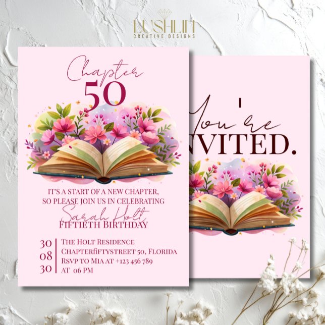 Chapter 50 Birthday – Open Book with Pink Flowers Inbjudningar (Skapare uppladdad)