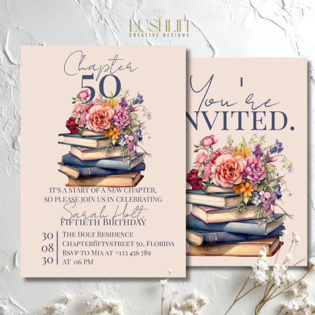 Chapter 50 Birthday Stacked Books with Flowers Inbjudningar (Skapare uppladdad)