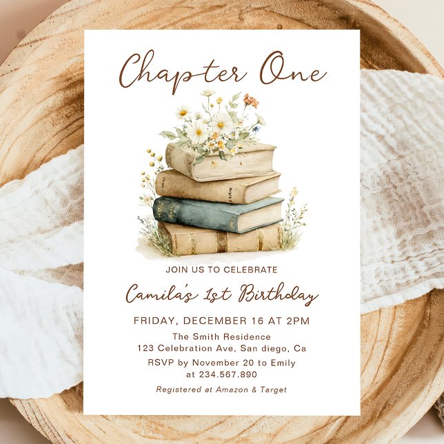 Chapter One Floral Books 1st Birthday Invitation Inbjudningar (Skapare uppladdad)