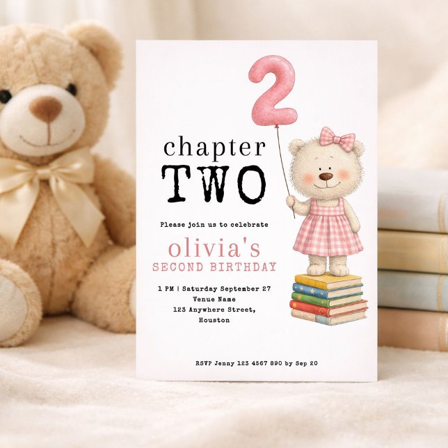 Chapter Two Teddy Bear Book Girl 2nd Birthday Pink Inbjudningar (Skapare uppladdad)