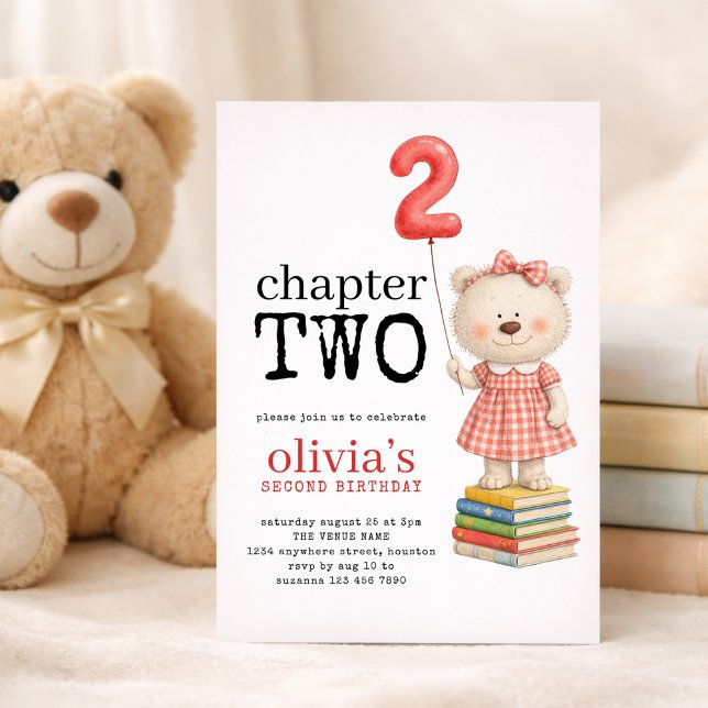 Chapter Two Teddy Bear Books Girl 2nd Birthday Red Inbjudningar (Skapare uppladdad)
